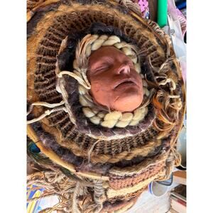 Handmade Media Folk Art Wall Hanging Fiber Basket Face Sculpture Shamanic Spirit